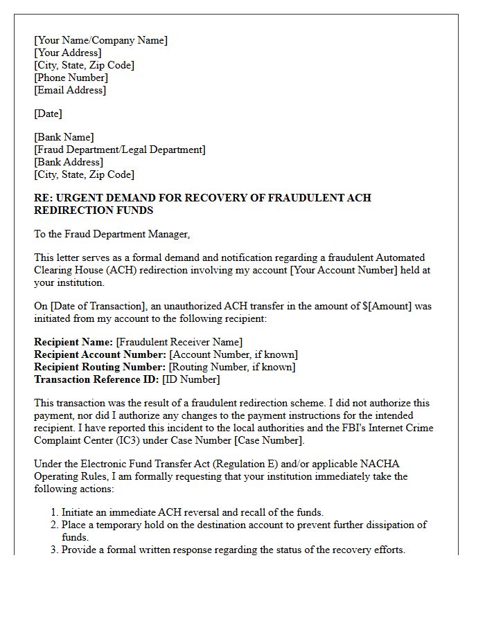 Banking Institution Demand Letter for Fraudulent Automated Clearing House Redirection