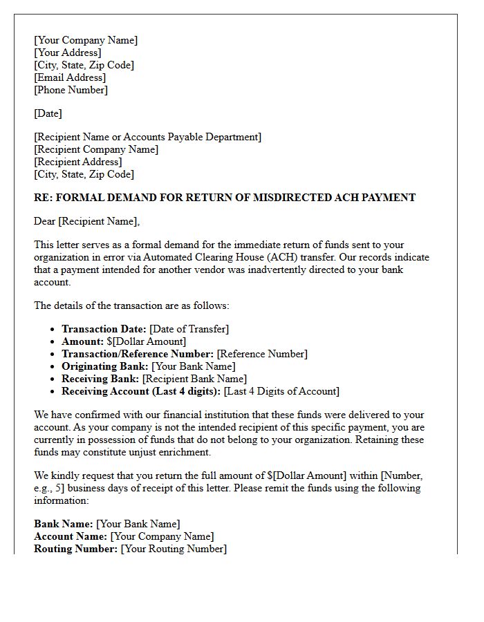 Commercial Demand Letter for Misdirected Automated Clearing House Vendor Payment Recovery