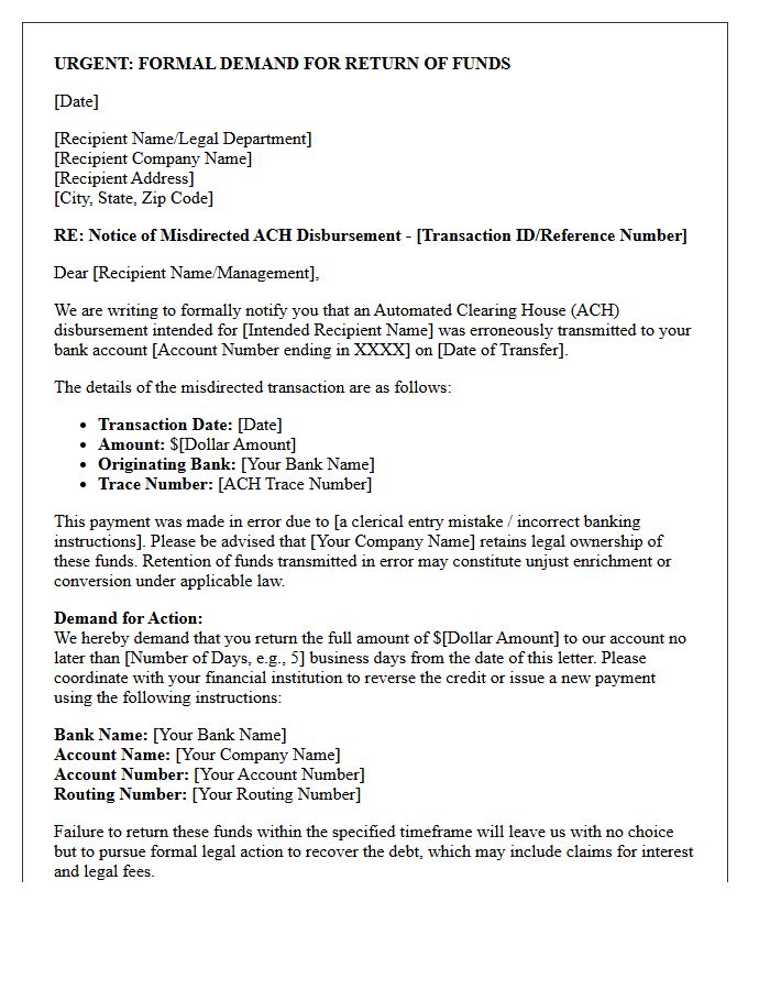 Corporate Client Demand Letter for Misdirected Automated Clearing House Disbursement