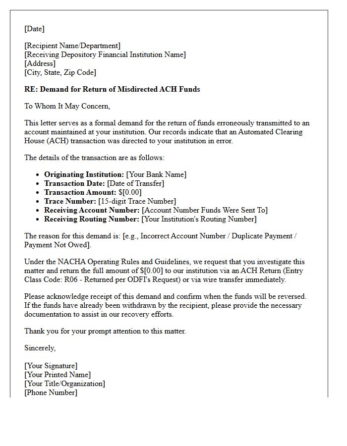 Demand Letter for Return of Misdirected Automated Clearing House Funds to Receiving Depository Financial Institution