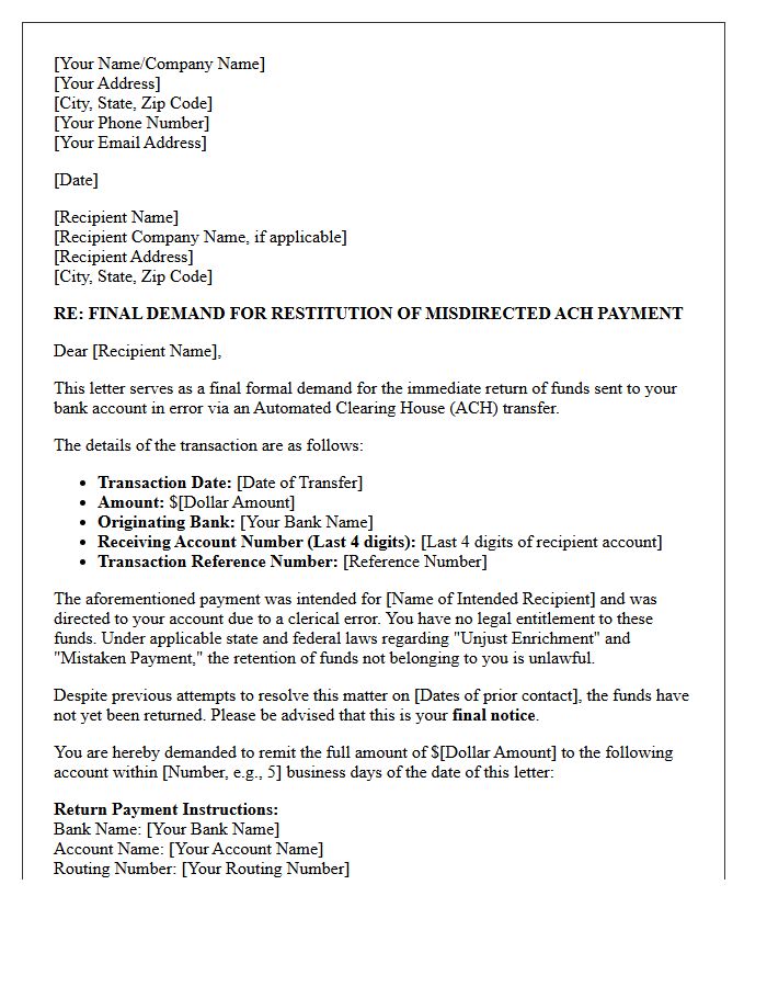Final Demand Letter for Restitution of Misdirected Automated Clearing House Payment