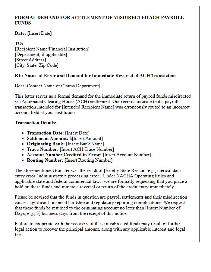 Formal Demand Letter for Misdirected Automated Clearing House Payroll Settlement Funds