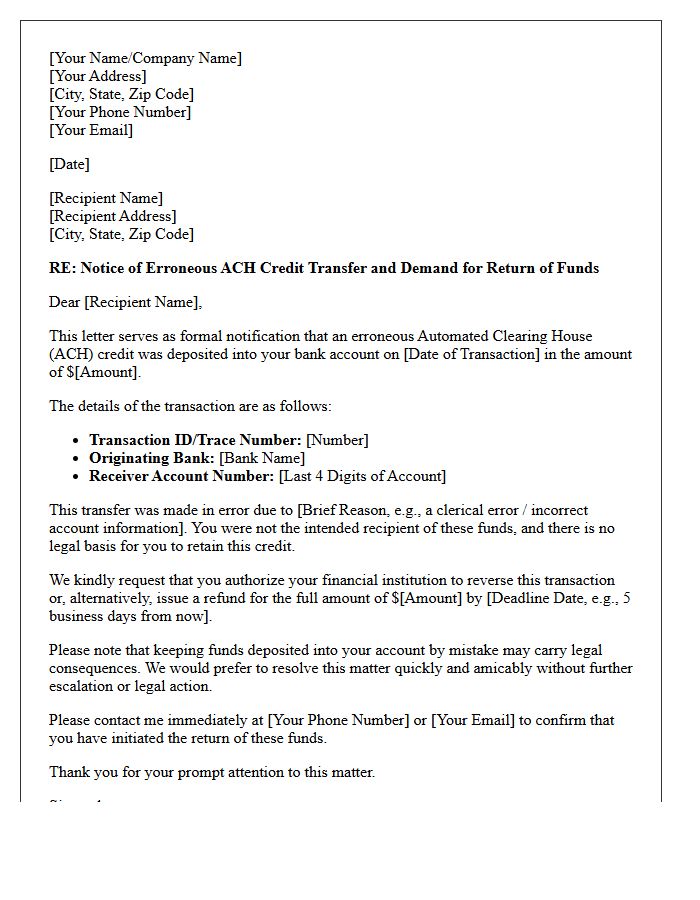 Initial Demand Letter for Reversal of Erroneous Automated Clearing House Credit