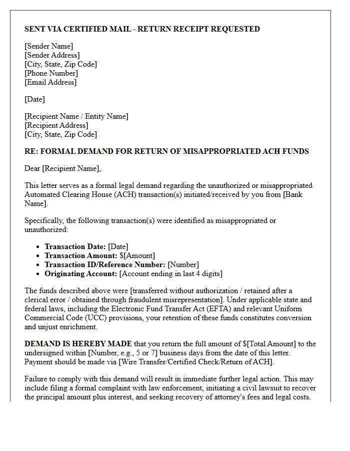 Legal Demand Letter for Misappropriated Automated Clearing House Transaction Funds