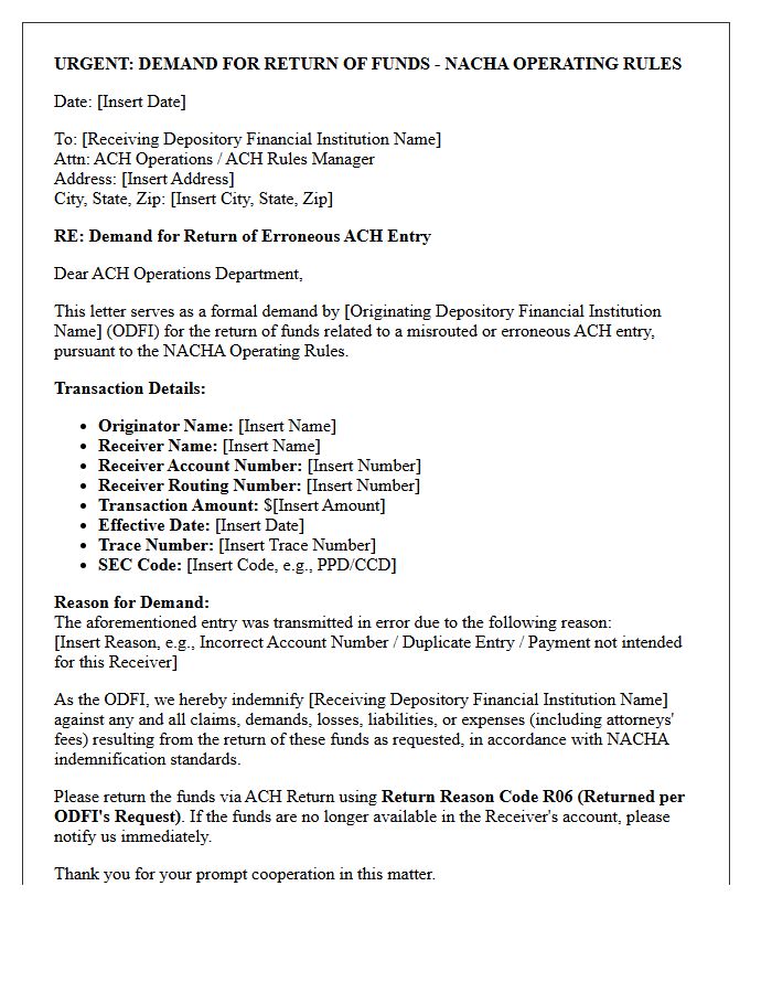 Originating Depository Financial Institution Demand Letter for Misrouted Automated Clearing House Transfer