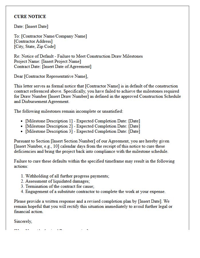 Cure Notice Letter for Failure to Meet Construction Draw Milestones