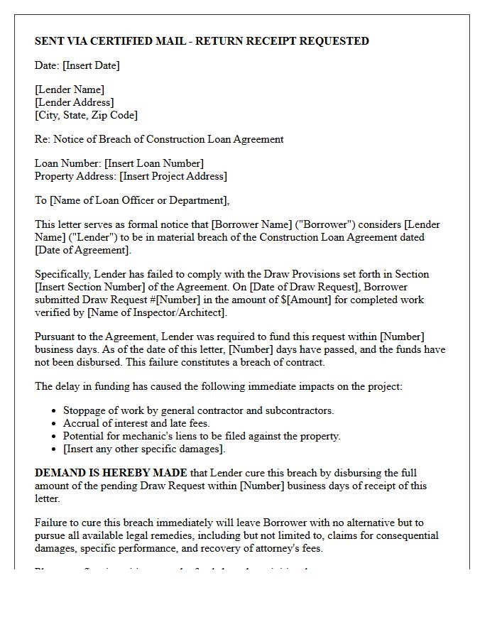 Demand Letter for Breach of Construction Loan Draw Provisions