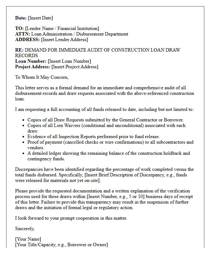 Demand Letter for Immediate Audit of Construction Loan Draw Records