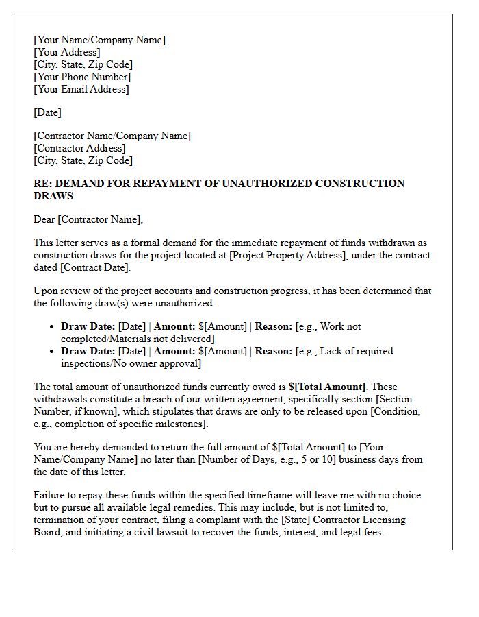 Demand Letter for Immediate Repayment of Unauthorized Construction Draws