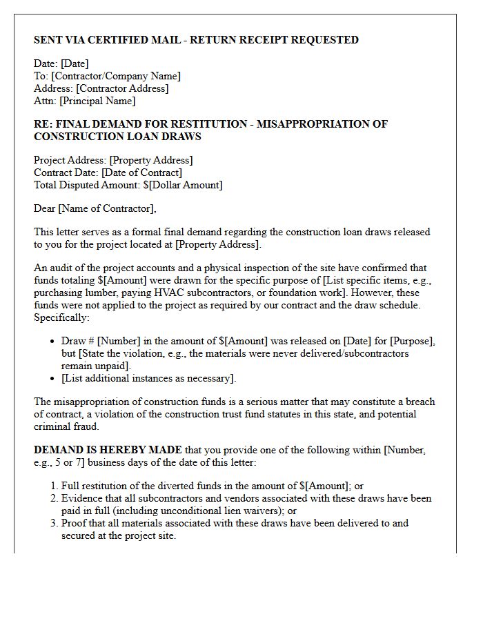 Final Demand Letter for Misappropriation of Construction Loan Draws