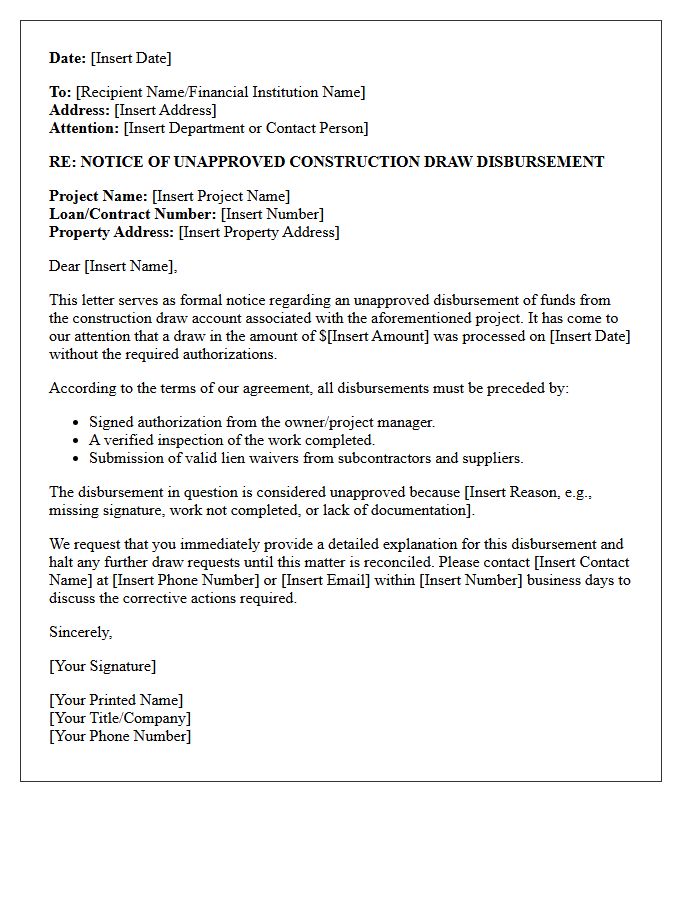 First Notice Letter Regarding Unapproved Construction Draw Disbursements