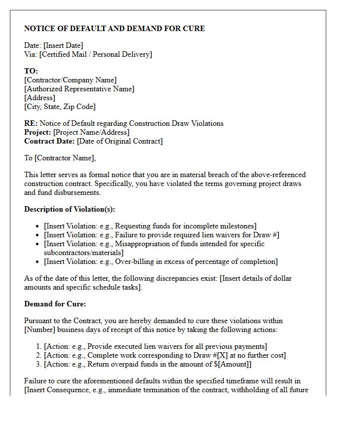 Notice of Default and Demand Letter for Construction Draw Violations