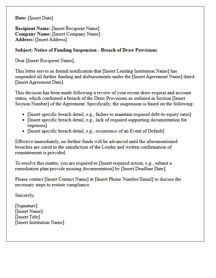 Notification Letter of Funding Suspension Due to Draw Provision Breach