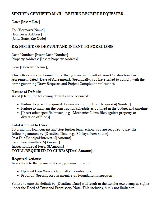 Pre-Foreclosure Demand Letter for Construction Loan Draw Default