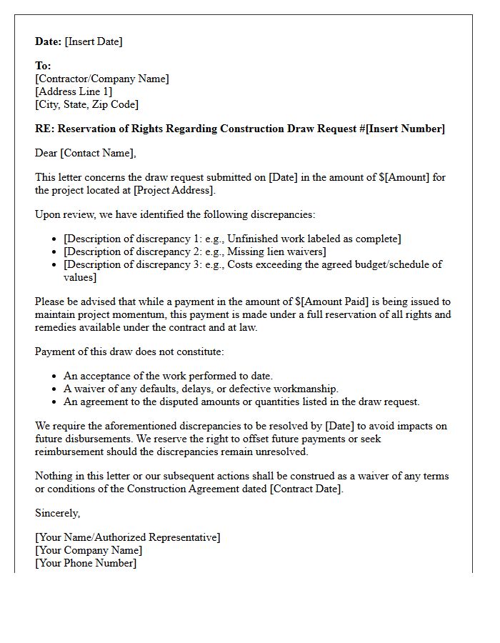 Reservation of Rights Letter Regarding Construction Draw Discrepancies
