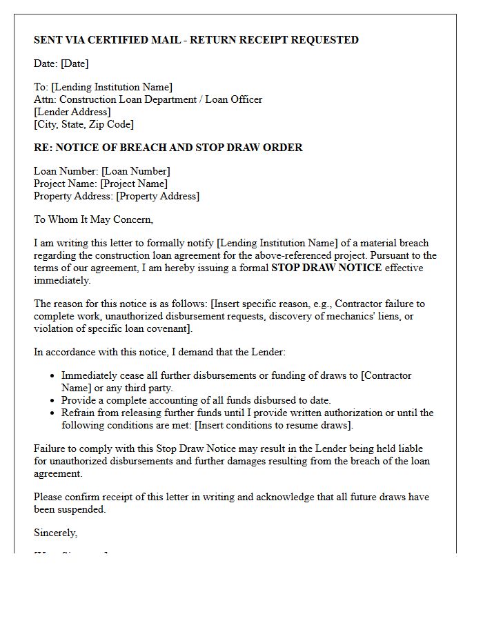 Stop Draw Notice and Demand Letter for Construction Loan Breach