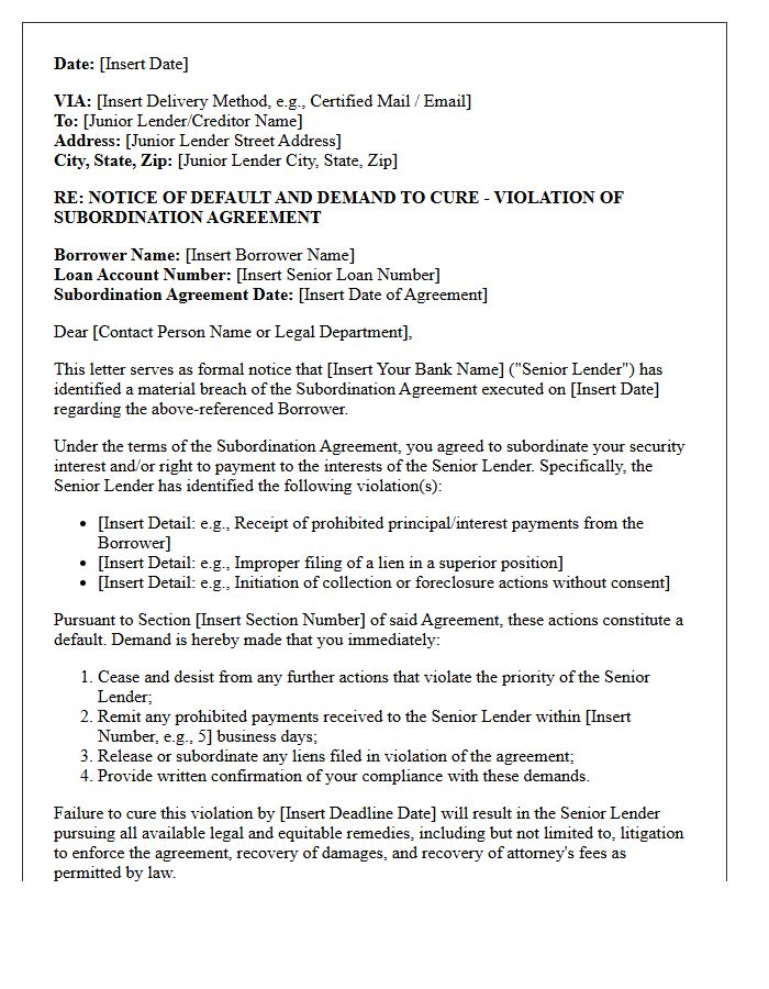 Banking Institution Demand Letter for Subordination Agreement Violation