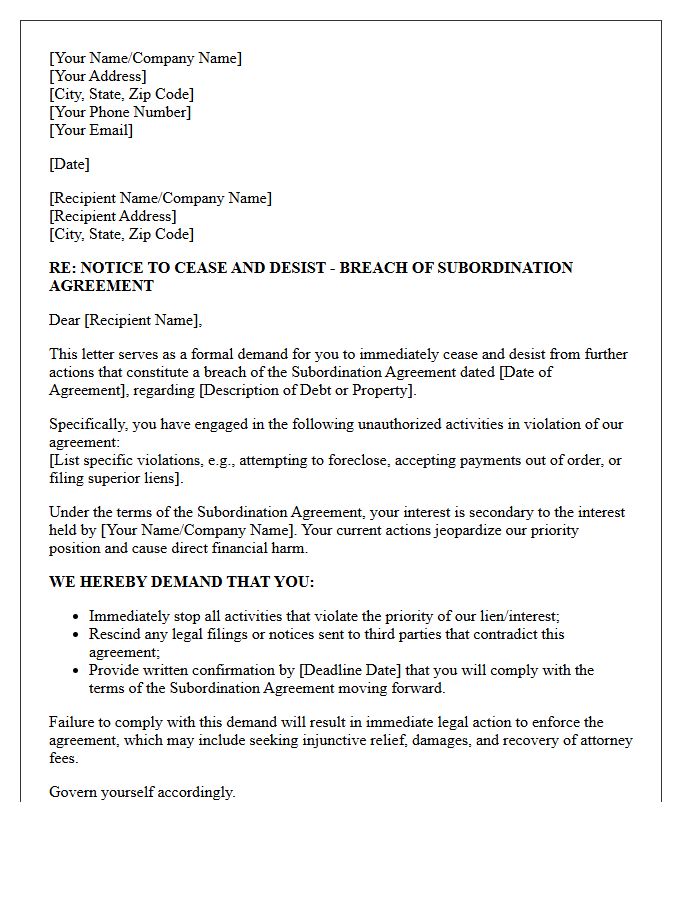 Cease and Desist Demand Letter for Subordination Agreement Breach