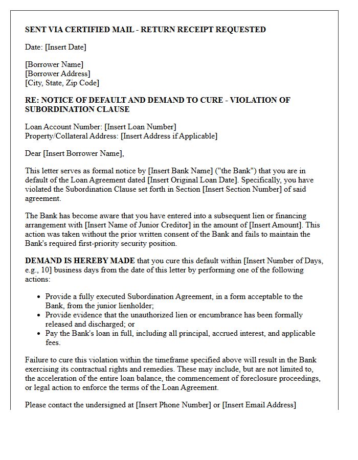 Commercial Bank Demand Letter for Subordination Clause Violation