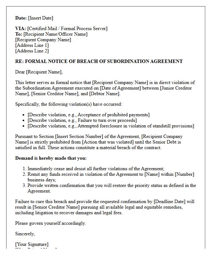 Demand Letter for Subordination Agreement Violation