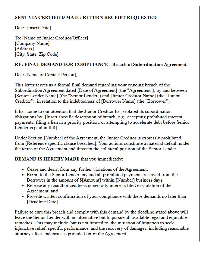 Final Demand Letter for Breach of Subordination Obligations