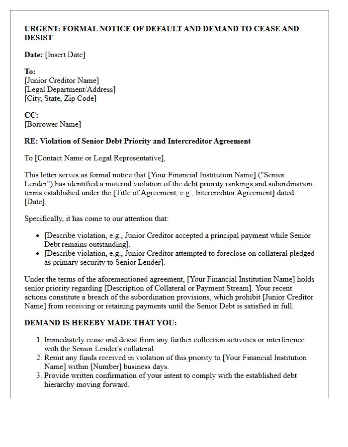 Financial Institution Demand Letter for Senior Debt Priority Violation