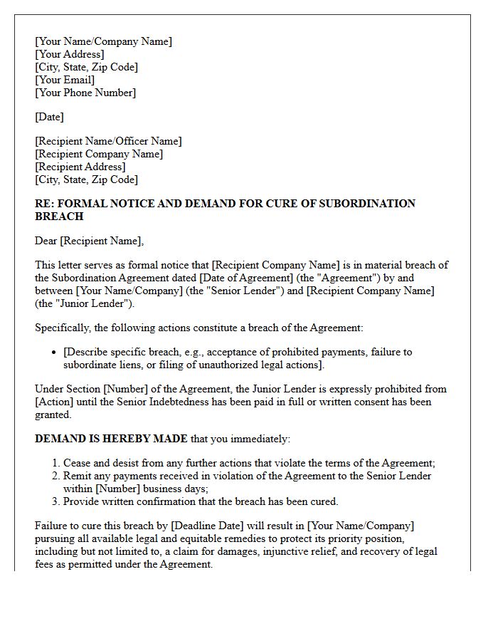 Formal Notice and Demand Letter for Subordination Breach