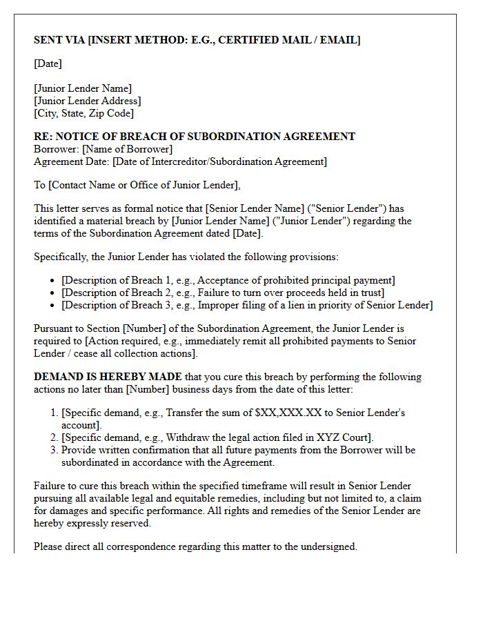 Intercreditor Demand Letter for Subordination Agreement Breach