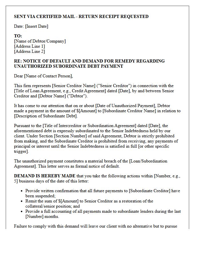 Legal Demand Letter for Unauthorized Subordinate Debt Payment