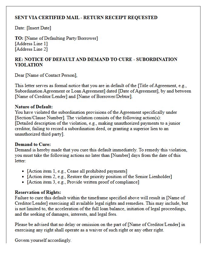 Notice of Default and Demand Letter for Subordination Violation