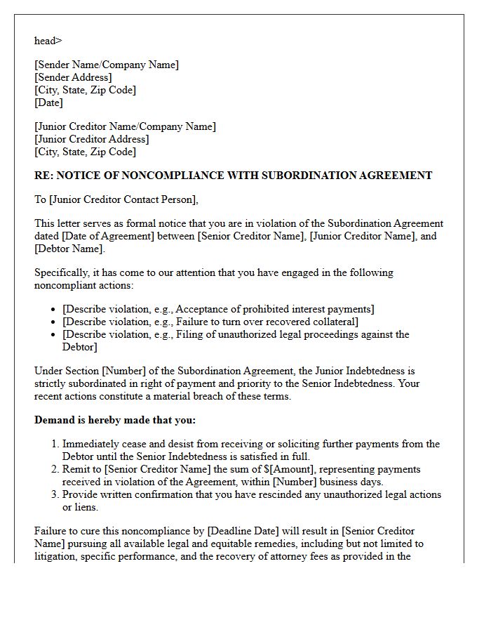 Senior Creditor Demand Letter for Subordination Noncompliance