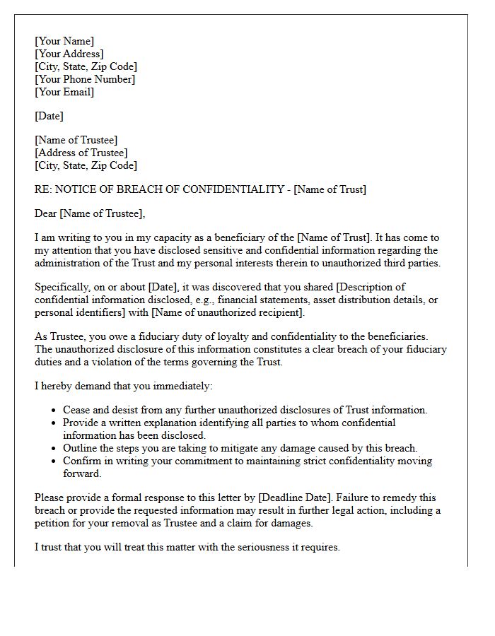Demand Letter for Breach of Confidentiality in Trust Administration