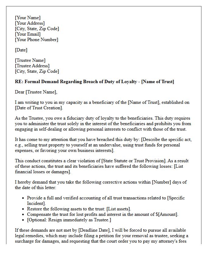 Demand Letter for Breach of Duty of Loyalty in Trust Management