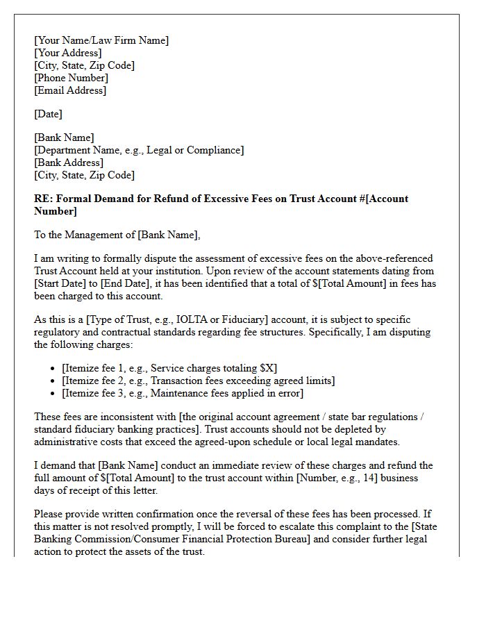 Demand Letter for Excessive Bank Fees on Trust Accounts