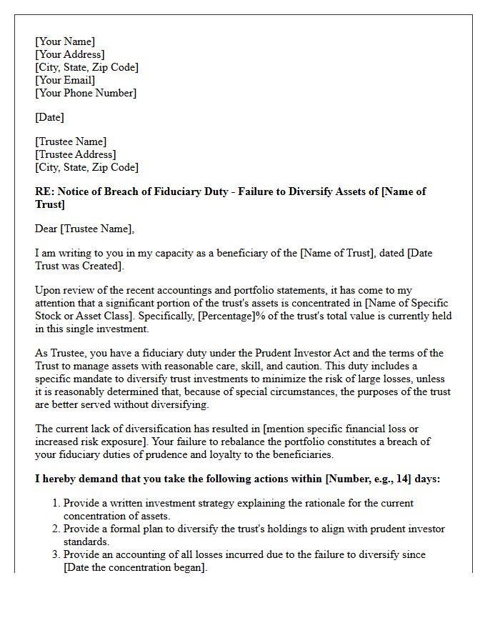 Demand Letter for Failure to Diversify Trust Portfolio