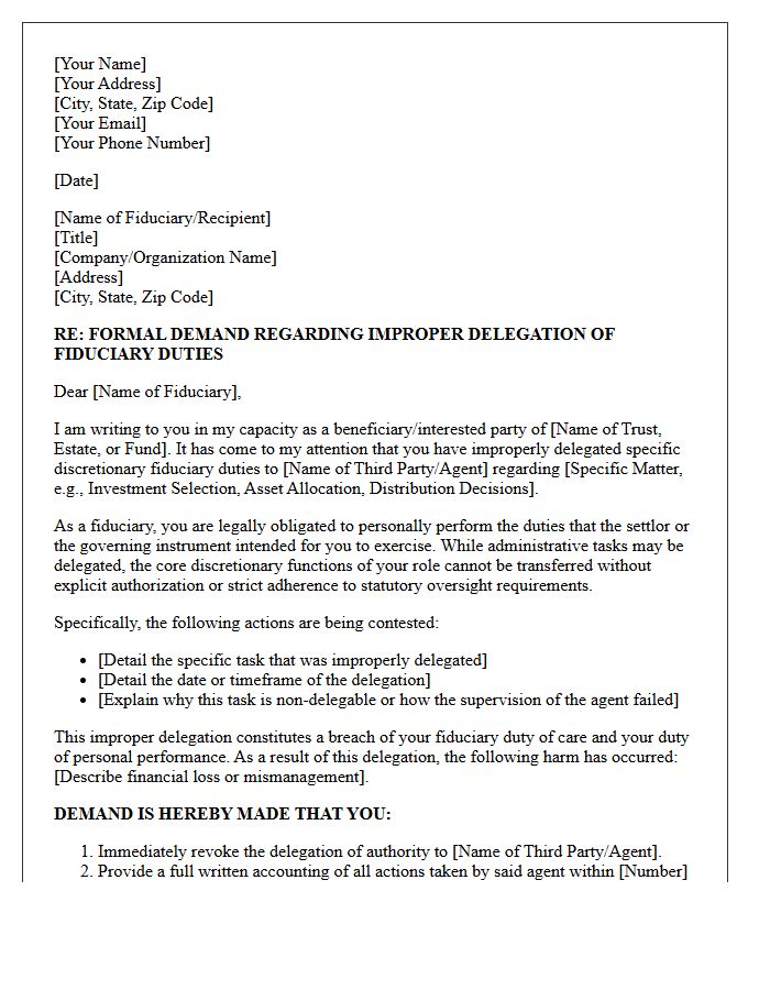 Demand Letter for Improper Delegation of Fiduciary Duties