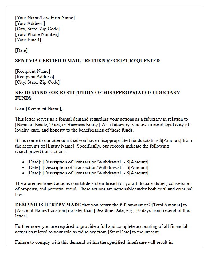 Demand Letter for Misappropriation of Fiduciary Funds