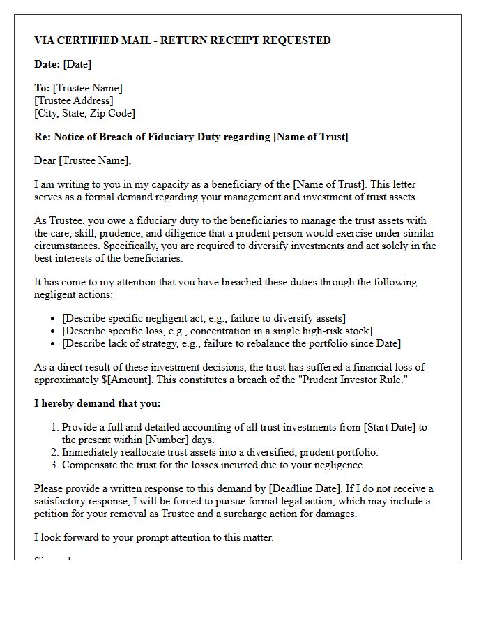 Demand Letter for Negligent Investment of Trust Funds