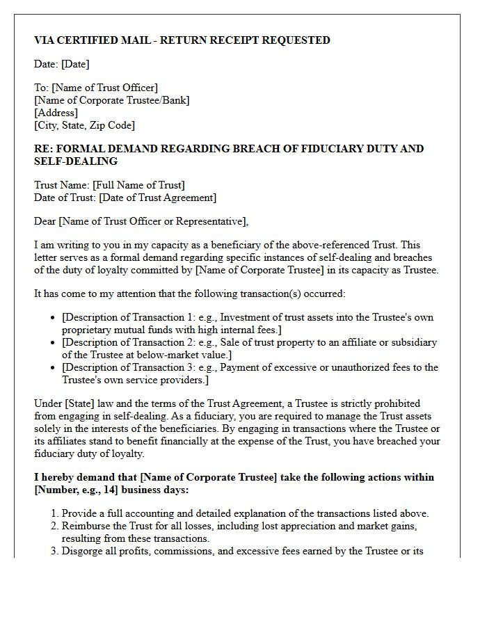 Demand Letter for Self-Dealing by Corporate Trustee