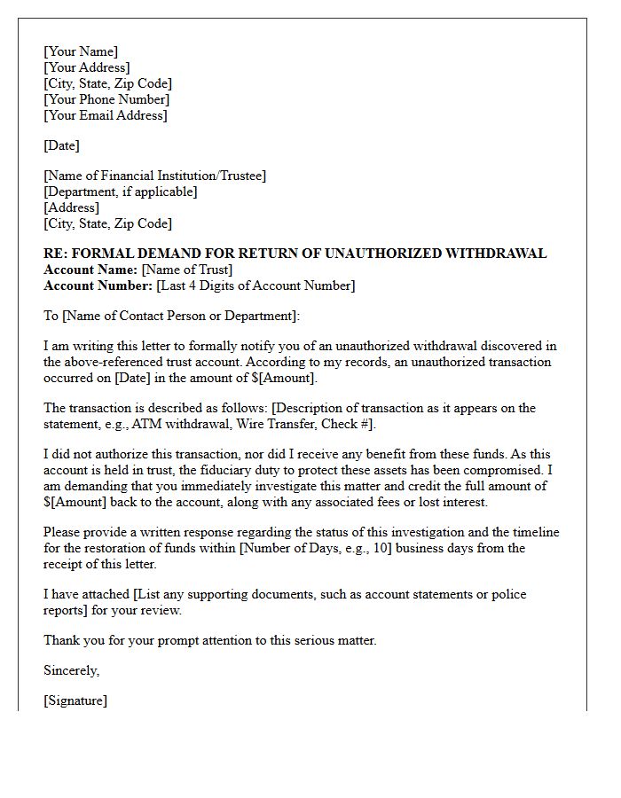 Demand Letter for Unauthorized Withdrawal in Trust Account