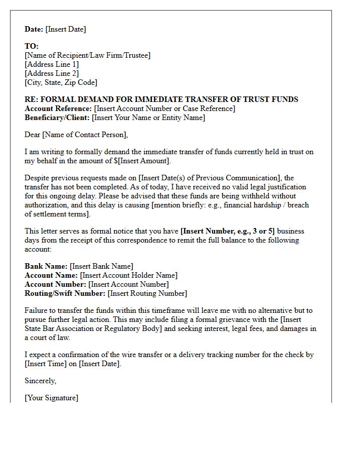 Demand Letter for Unjustified Delay in Trust Account Transfer