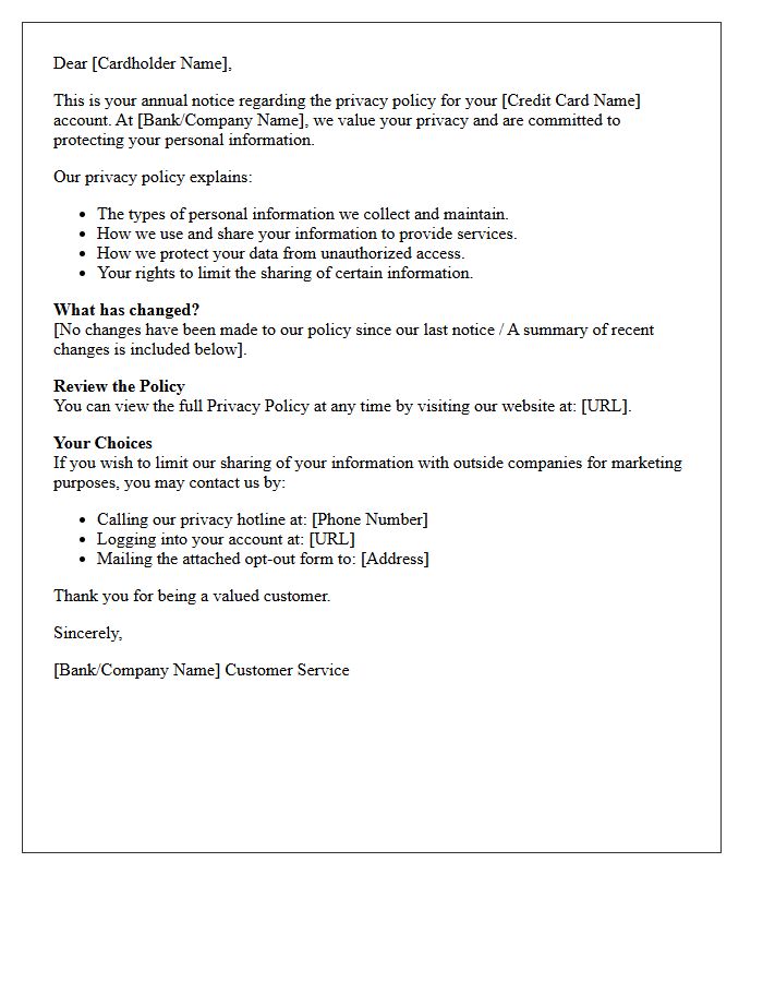 Credit Cardholder Annual Privacy Policy Letter