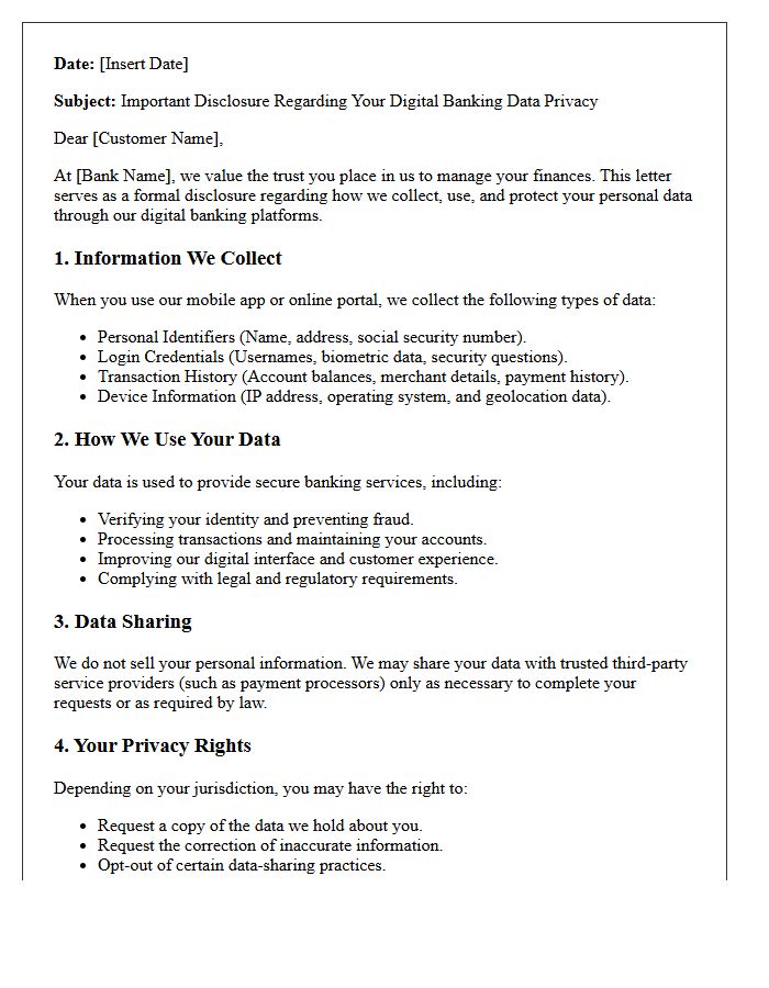 Digital Banking Data Privacy Disclosure Letter