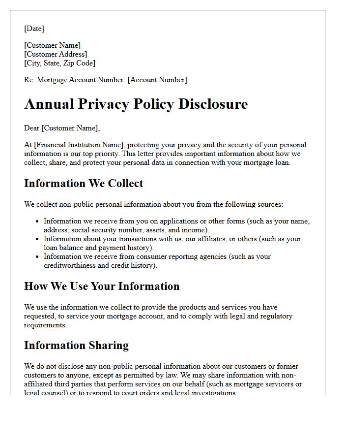 Mortgage Customer Privacy Policy Disclosure Letter