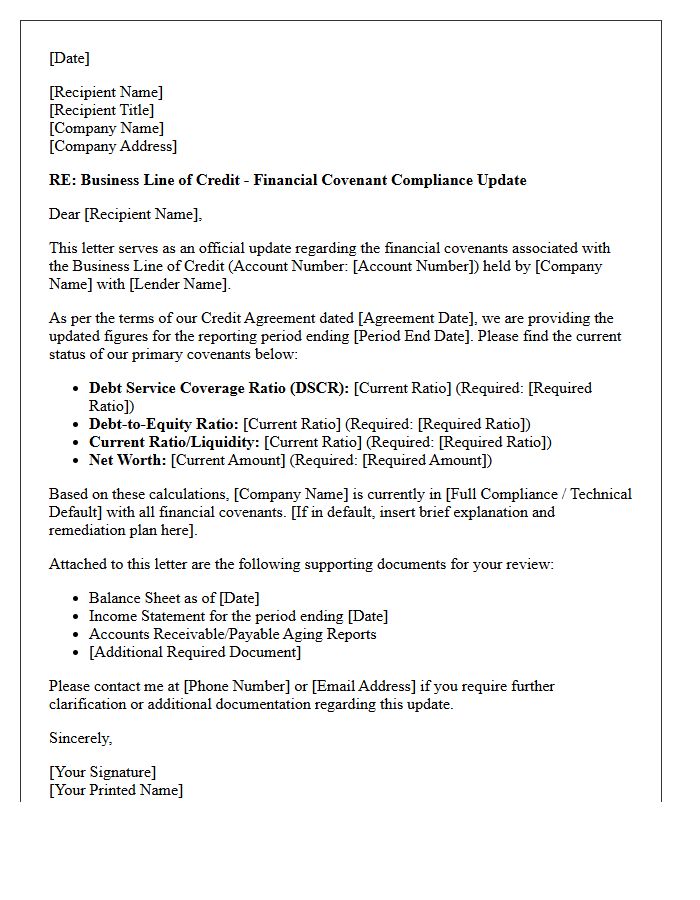 Business Line of Credit Covenant Update Letter