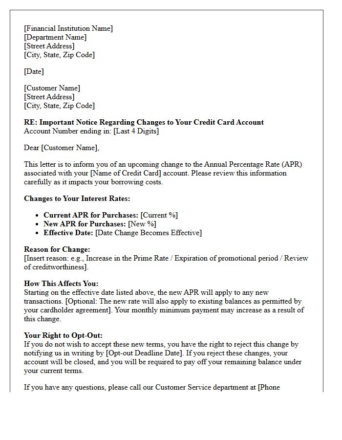 Credit Card Annual Percentage Rate Increase Notice Letter