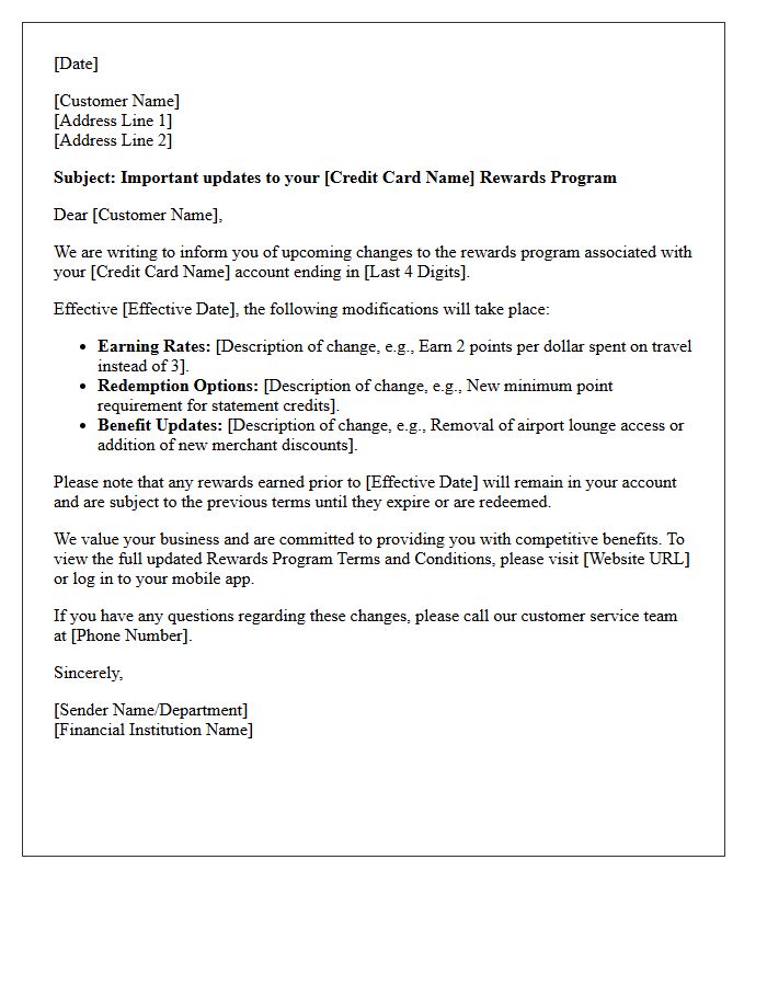 Credit Card Rewards Program Benefit Modification Letter