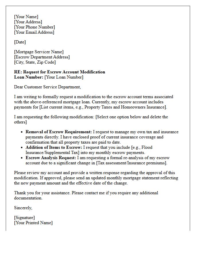 Mortgage Escrow Account Terms Modification Letter