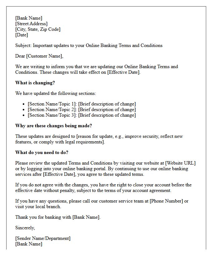 Online Banking Terms and Conditions Update Letter