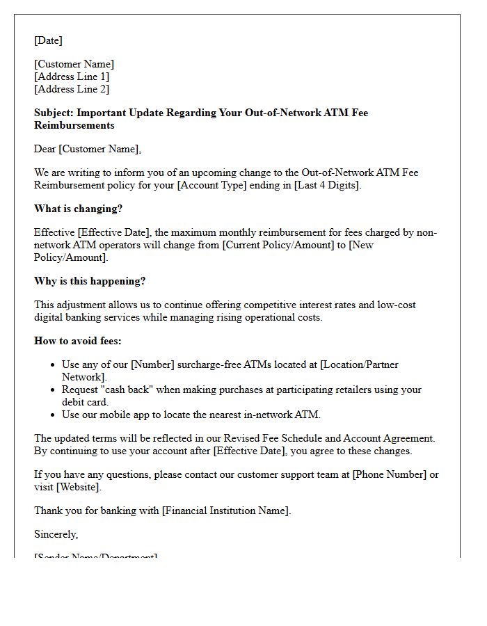 Out-Of-Network ATM Fee Reimbursement Change Letter